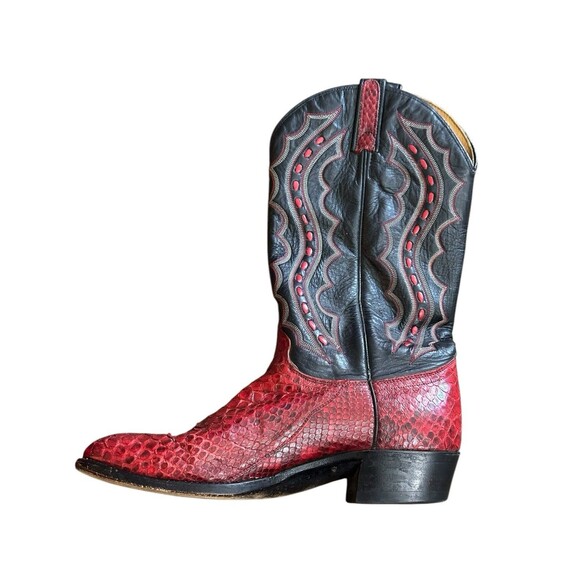VTG J. Chisholm Western Cowboy Boots Red & Black Snakeskin Mens 9.5D USA 43535 - Picture 13 of 16